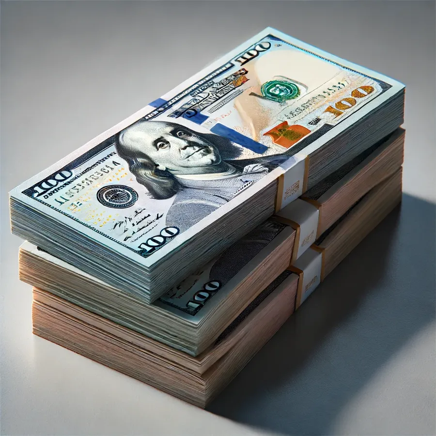 Banded straps of one hundred dollar bills, stacked