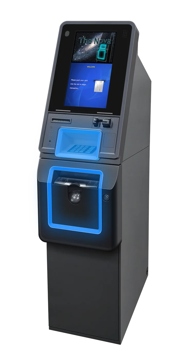 A Genmega Nova ATM in graphite, its blue LED bezel lit, photographed against a white ground